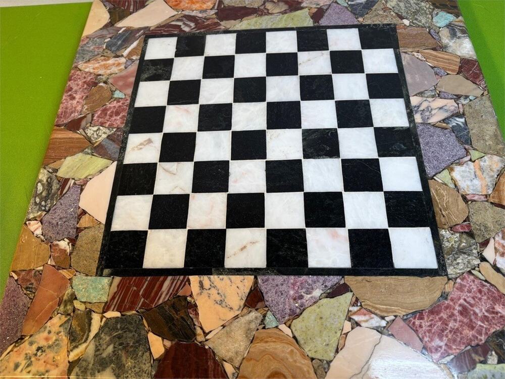 Vintage Brazilian Marble & Quartz Chess Board 18" – Handcrafted Mosaic Inlay